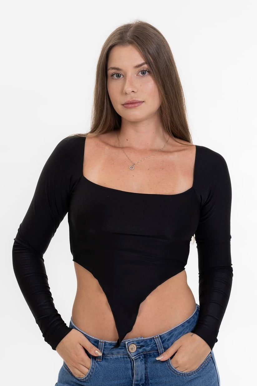 Cropped Decote Reto Manga Longa Preto