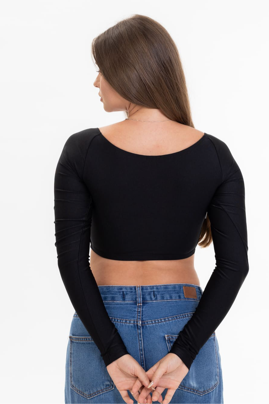 Cropped Decote Reto Manga Longa Preto