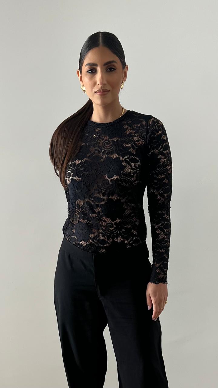 Blusa Manga Longa Renda Preta