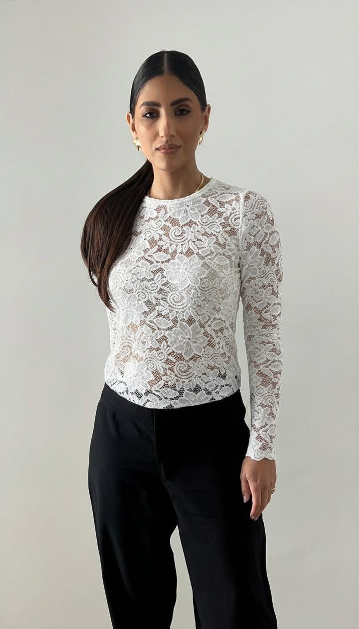 Blusa Manga Longa Renda Branca